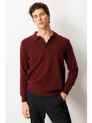 Desen Triko Erkek Polo Yaka Hasır Örgü Baklava Yürütmeli Yün Kazak Bordo
