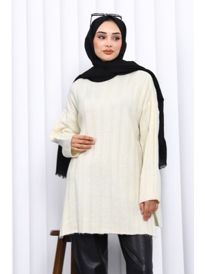 İmaj Butik Krem Yan Yırtmaçlı Fitilli Triko Tunik