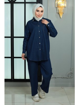 Yakası Taşlı Kot Takım Koyu Mavi MSW19183-2