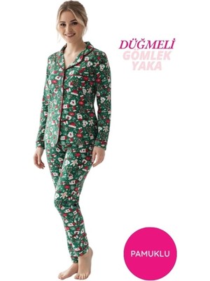 Bie's Kadın Noel Desen Mevsimlik Pamuk Likra Göğüs Cepli Boydan Önden Düğmeli Uzun Kol Pijama Takımı