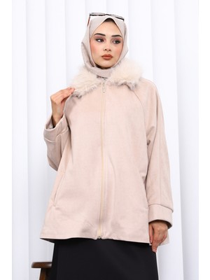 İmaj Butik Bej Yaka Kürk Detaylı Süet Ceket