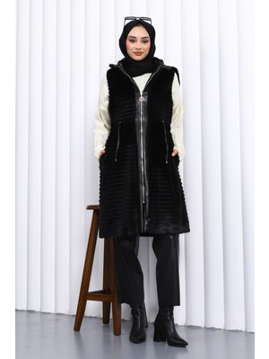 İmaj Butik Siyah Deri Garnili Angora Yumoş Yelek