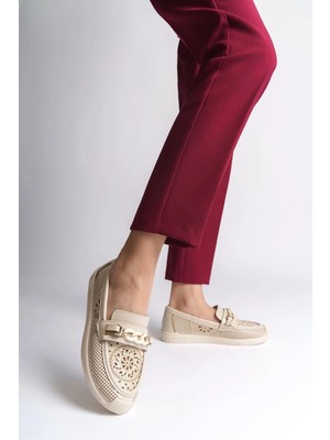 Joy Ayakkabı Lızy Bağcıksız Ortopedik Rahat Taban Çiçek Desenli Kadın Babet Ayakkabı  Ckt - Krem