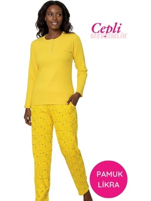Bie's Kadın Sarı Çiçek Desen Mevsimlik Pamuklu Penye Uzun Kol Cepli Pijama Takımı-Slim Fit Dar Kalıp