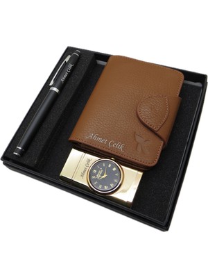 Signator D265 Isme Özel Set - Deri Cüzdan Kartlık + Saatli Çakmak  + Kalem Seti | Isme Özel Hediyelik Set