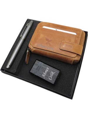 Signator D267 Isme Özel Set - Deri Cüzdan Kartlık + Çakmak  + Kalem Seti | Isme Özel Hediyelik Set