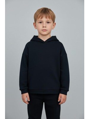 Luess Unisex Çocuk Basic Pamuklu Kapüşonlu Sweatshirt - Siyah