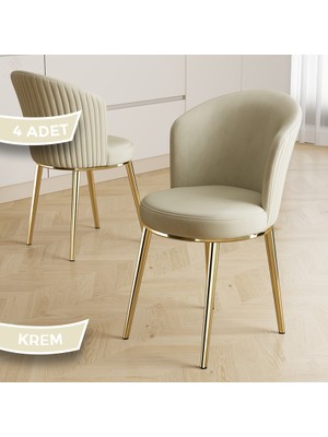 Canisa Risa Serisi 4 Adet Krem Mutfak Sandalyesi Gold Kaplama Metal Ayak 1. Sınıf Babyface Kumaş