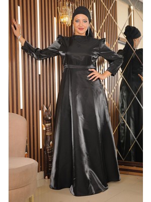 Omuz Büzgülü Büyük Beden Abiye Siyah MSW19128-1