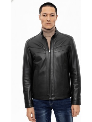 Deriderim Alvin Siyah Hakim Yaka Fermuarlı Astarlı Kısa Erkek Hakiki Deri Mont