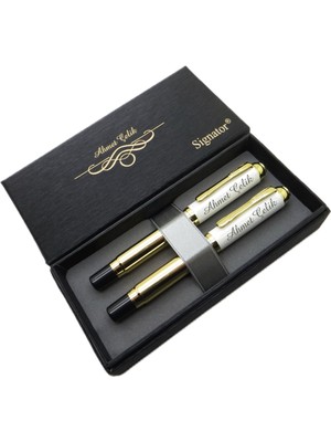 Signator® ST218 Beyaz Gold Kalem Seti - Dolma Kalem + Roller Kalem | Isme Özel Kalem