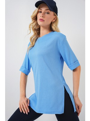 Bigdart 4332 Yanı Yırtmaçlı Örme Tişört - B.mavi