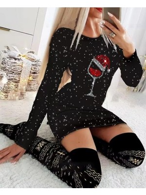 Arona Mdb Kadın Uzun Kollu Taş Kadeh Baskı Mikro Kumaş Mini Boy Elbise (Çorapsız)