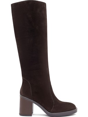 Derimod Kadın Kahverengi Fermuarlı Kalın Topuklu Süet Deri Çizme 25WFD203110