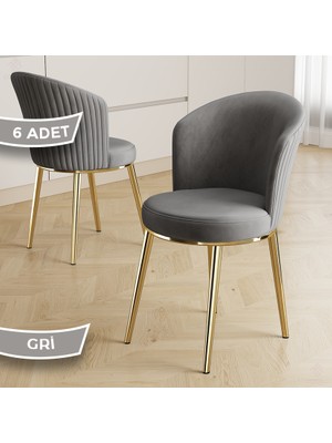 Canisa Risa Serisi 6 Adet Gri Mutfak Sandalyesi Gold Kaplama Metal Ayak 1. Sınıf Babyface Kumaş
