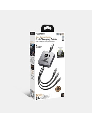 Gunkes Fulltech 100W Geri Çekilebilir Makaralı Çoklu Şarj Kablosu Alüminyum Kutu Lightning Micro Type-C Şarj Kablosu
