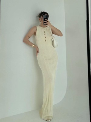 Rawea Fashion Kalın Fitilli Uzun Triko Elbise - Kırık Beyaz