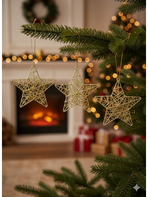 Dodomar 3 Adet Yılbaşı Ağacı Tel Yıldız Süs (15 Cm) - Altın (Gold) Renkli 3 Boyutlu Lüks Büyük Boy Dekorasyon Seti (Özel Pvc Kutulu)