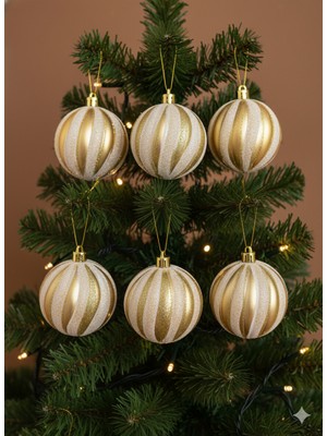 Dodomar 6'lı Paket Yılbaşı Ağacı Top Süsü (6 Cm) - Simli Parlak Çizgili Gold (Altın) Lüks Ağaç Dekorasyonu Seti (Özel Pvc Kutulu)