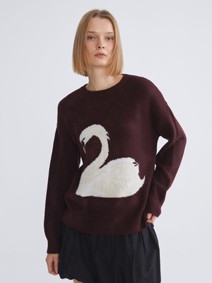 Lc Waikiki Yeni Sezon Kuğu Desenli Oversize Kadın Triko Kazak