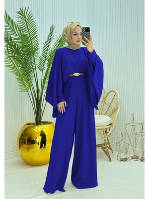 Neşeli Butik Kadın Pelerinli Kemer Detaylı Saks Renkli Tesettür Tulum NMS061 %100 Polyester Konforlu