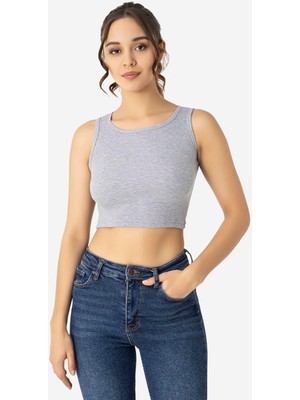 Kadın Pamuklu Fitilli Halter Yaka Kalın Askılı Crop Gri