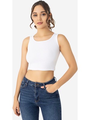 Kadın Pamuklu Fitilli Halter Yaka Kalın Askılı Crop Beyaz