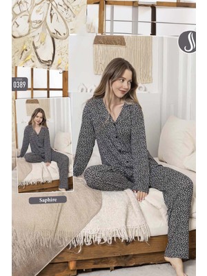 Remsa Kadın Benek Desen Düğmeli Saphire Pijama Takımı 0389 Siyah