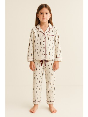 Kız Çocuk Yılbaşı Temalı Pijama Takımı Ekru