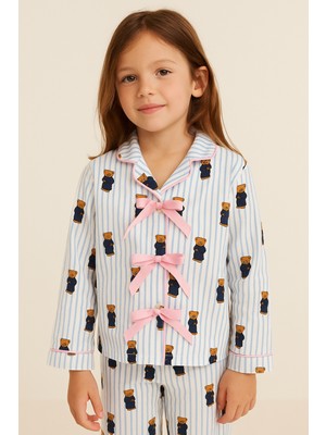 Kız Çocuk Teddy Desenli Cepli Pijama Takımı Mavi