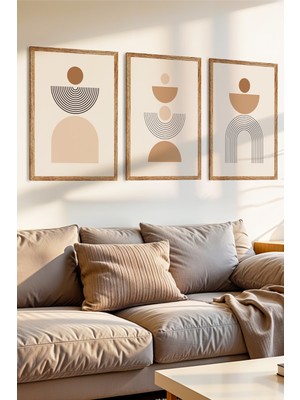 Zevahir Mobilya Dekorasyon 3 Parça Soyut Şekiller Konsepli Ahşap Çerçeve Görünümlü Mdf Tablo Seti