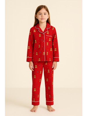 Katia & Bony Kız Çocuk Teddy Desenli Yılbaşı Temalı Pijama Takımı Kırmızı