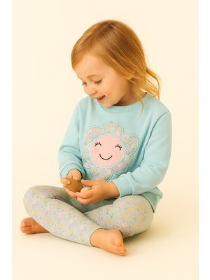 Kız Çocuk Papatya Baskılı Pijama Takımı Turkuaz