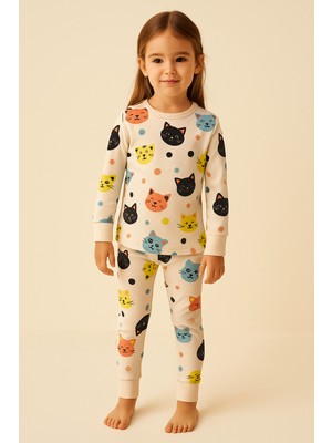 Katia & Bony Kız Çocuk Kedi Desenli Pijama Takımı Açık Pembe