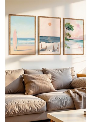Zevahir Mobilya Dekorasyon 3 Parça Sakin Sahil Günleri Konsepli Ahşap Çerçeve Görünümlü Mdf Tablo Seti
