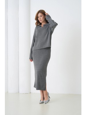 Kadın Polo Yaka Yarım Pat Oversize Kazak Pantolon Triko Alt-Üst Takım