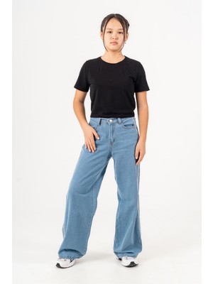 Giyicem Kız Çocuk Yan Şeritli Geniş Paça Şeritli Jean Pantolon 2225