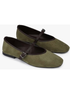 Shoeberry Kadın Lunel Yağ Yeşili Süet Babet Düz Tabanlı Şık ve Rahat Ayakkabı