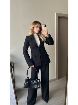 Jamolls Beli Daralan Orta Boy Astarlı Vatkalı Tasarım Cep Detay Premium Blazer Ceket Yüksek Bel Palazzo Pantolon Ikili Şık Muadil Takım