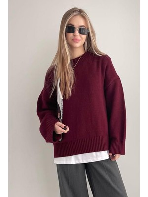 Madmext Bordo Bisiklet Yaka Oversize Triko Kazak MG1972