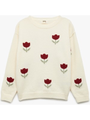 Koton Çiçek Desenli Uzun Kollu Bisiklet Yaka Triko Kazak