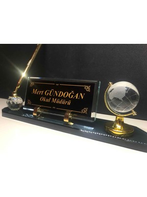 Gündoğan Kristal Cam İsimlik Kalem Seti Füme Renk Altın Detaylı 28x6 cm Ofis Dekoru