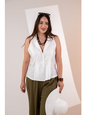 Roxxlen Kadın Büyük Beden Keten Kolsuz Gömlek Beyaz