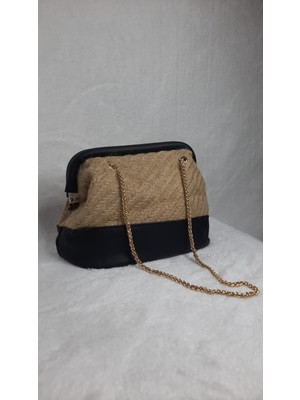 Kadın Günlük Hasır Altın Zincir Detaylı El ve Omuz Çantası