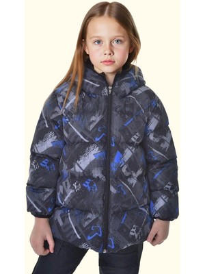 Freemen Kız Çocuk Dijital Desen Polar Su ve Rüzgar Geçirmez Kapüşonlu Şişme Kışlık Mont