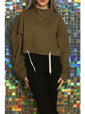 Sclouthe Kadın Baskılı Kuş Gözü Detaylı Kalın Şık Modern Crop Sweatshirt
