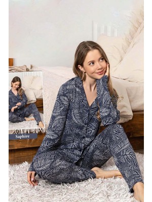 Remsa Kadın Yaprak Desen Düğmeli Saphire Pijama Takımı 0332 Lacivert