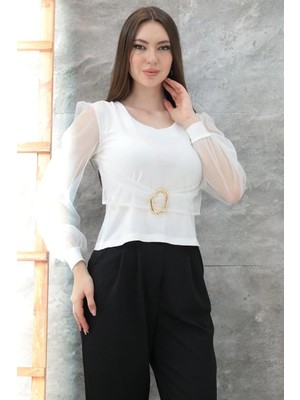 Zengezur Mall Sptrns Tokalı Tül Kollu Bluz Beyaz T4071 (Beden: Xl)