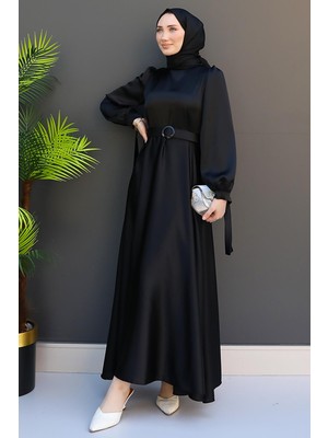 Giza Store Siyah Saten Kemerli Elbise Uzun Kol Kloş Silüet Trend Düz Desen