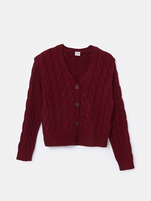 Lc Waikiki Yeni Sezon V Yaka Saç Örgüsü Desenli Kız Çocuk Triko Hırka